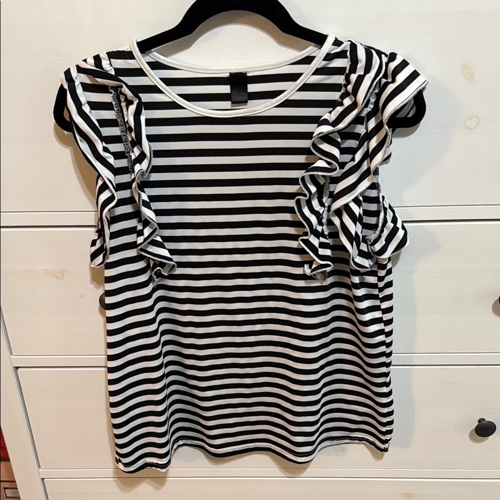 Black and White Striped Ruffle Sleeve Top